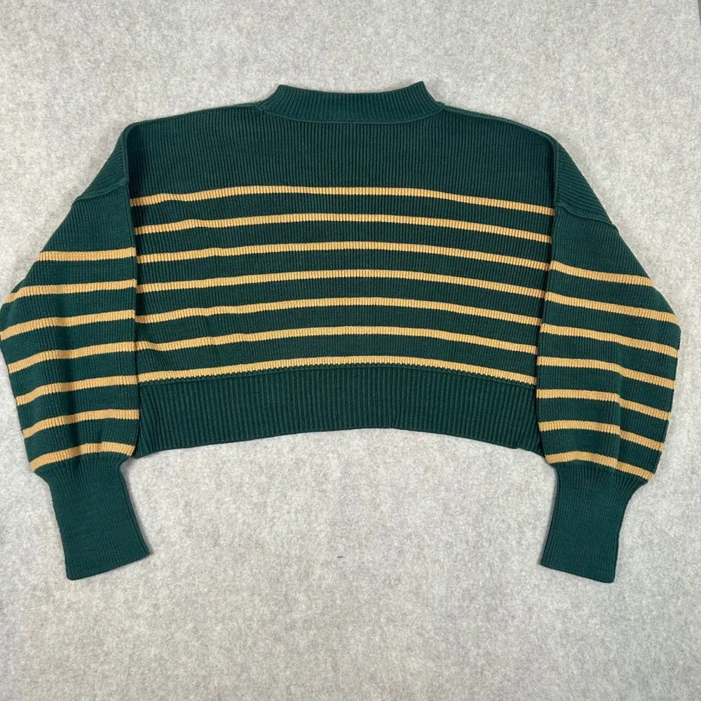 Free People Sweater Women Large Green Striped Cropped Mock Neck Balloon‎ Sleeve